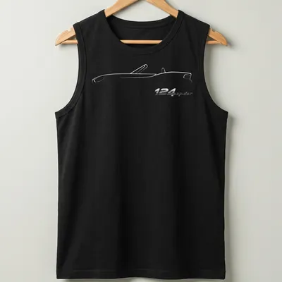 Sleek illustration of the 124 Spider car with printed text in modern font — printed on a tank top