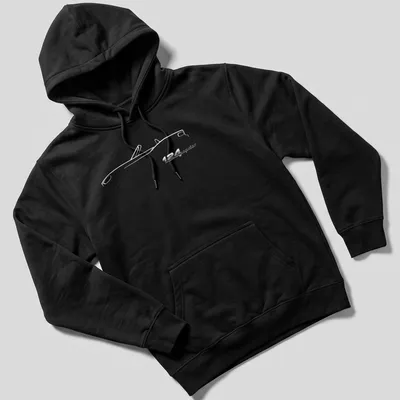 Sleek illustration of the 124 Spider car with printed text in modern font — printed on a unisex hoodie