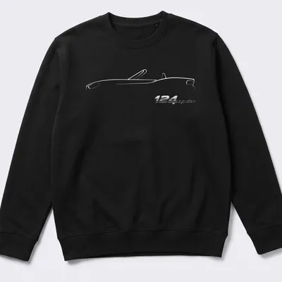 Sleek illustration of the 124 Spider car with printed text in modern font — printed on a unisex sweatshirt