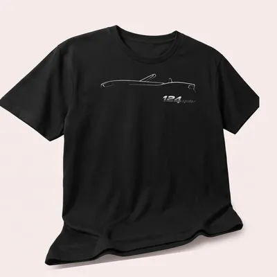 Sleek illustration of the 124 Spider car with printed text in modern font — printed on a unisex t-shirt (angled view)