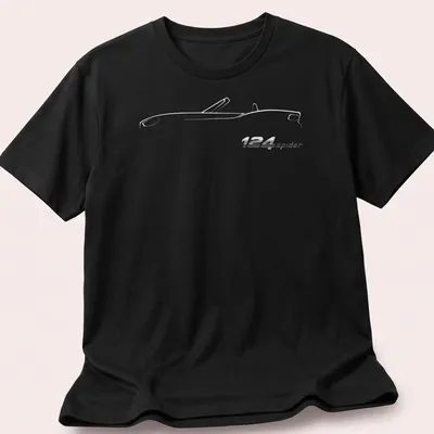 Sleek illustration of the 124 Spider car with printed text in modern font