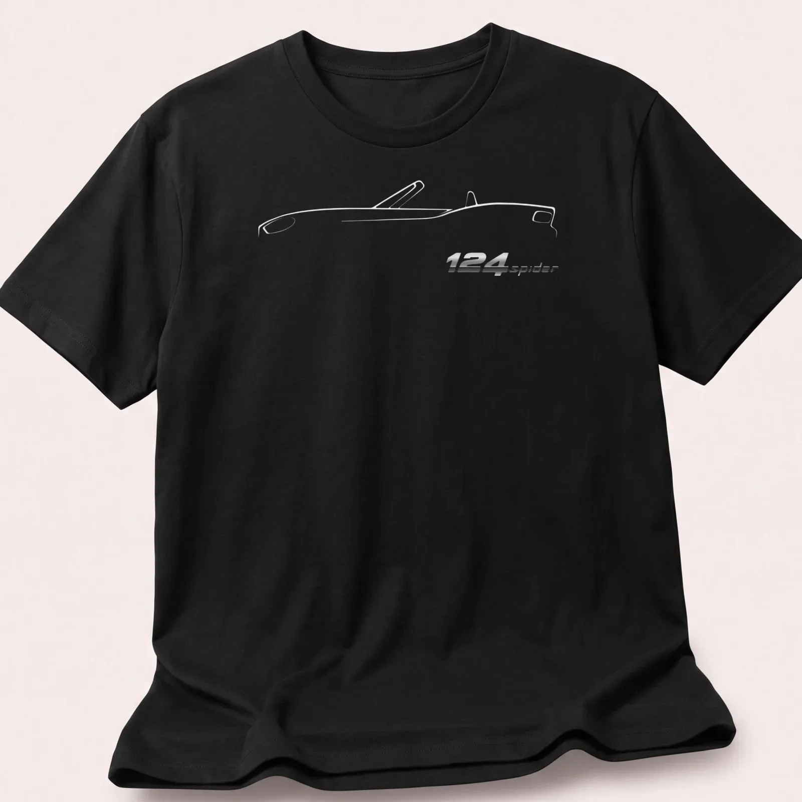 Sleek illustration of the 124 Spider car with printed text in modern font — printed on a unisex t-shirt