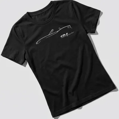 Sleek illustration of the 124 Spider car with printed text in modern font — printed on a women's shirt