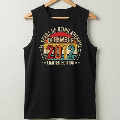 Vintage retro T-shirt celebrating 14 years of awesomeness with colorful text — printed on a tank top