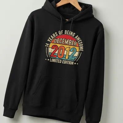 Vintage retro T-shirt celebrating 14 years of awesomeness with colorful text — printed on a unisex hoodie
