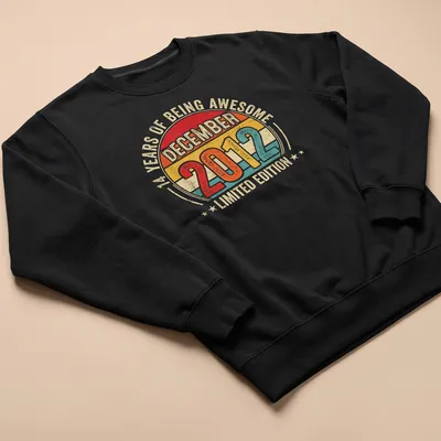 Vintage retro T-shirt celebrating 14 years of awesomeness with colorful text — printed on a unisex sweatshirt