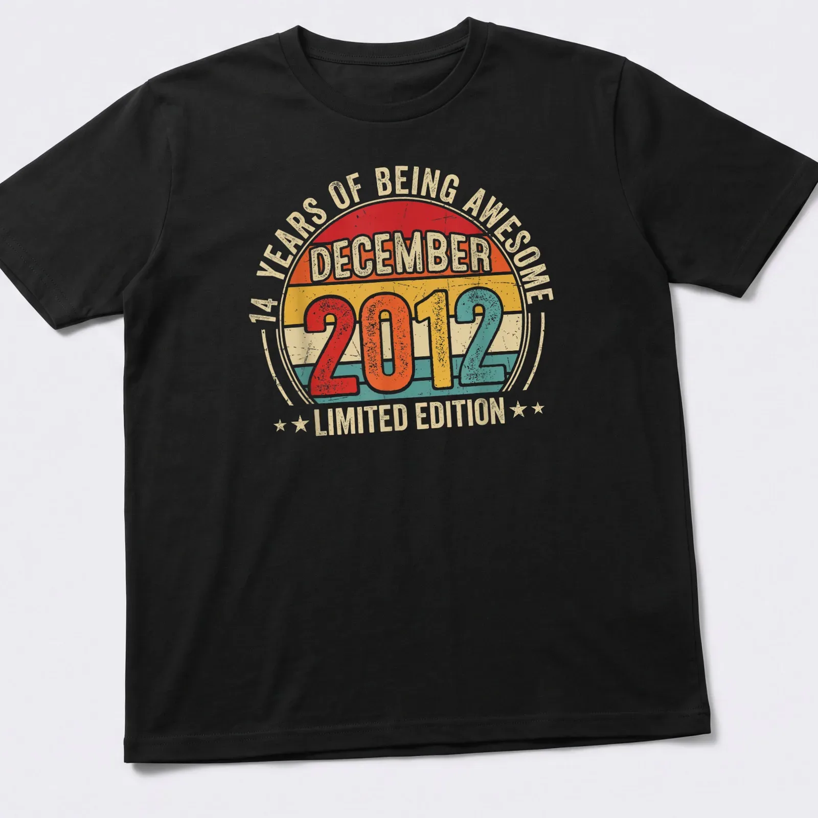 Vintage retro T-shirt celebrating 14 years of awesomeness with colorful text — printed on a unisex t-shirt