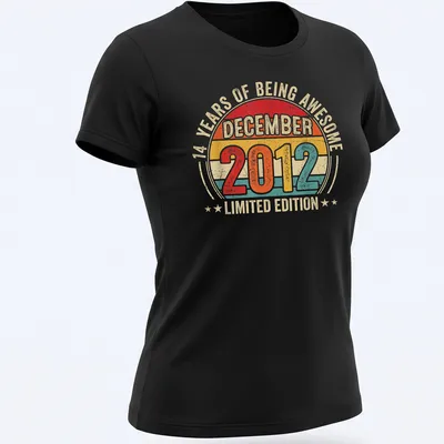 Vintage retro T-shirt celebrating 14 years of awesomeness with colorful text — printed on a women's shirt