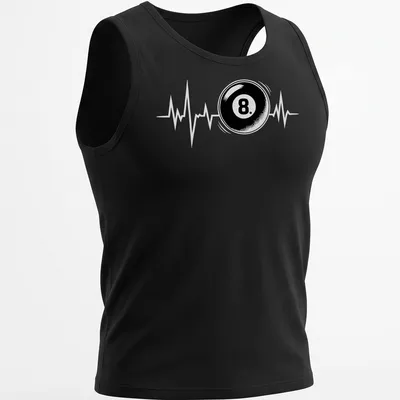 Simple graphic of an 8 ball on a black and white — printed on a tank top