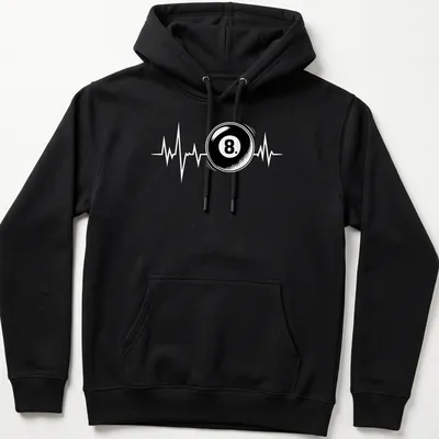 Simple graphic of an 8 ball on a black and white — printed on a unisex hoodie