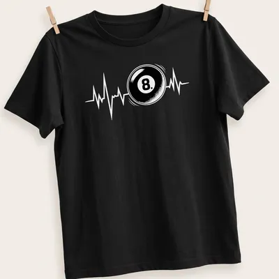 Simple graphic of an 8 ball on a black and white T-shirt