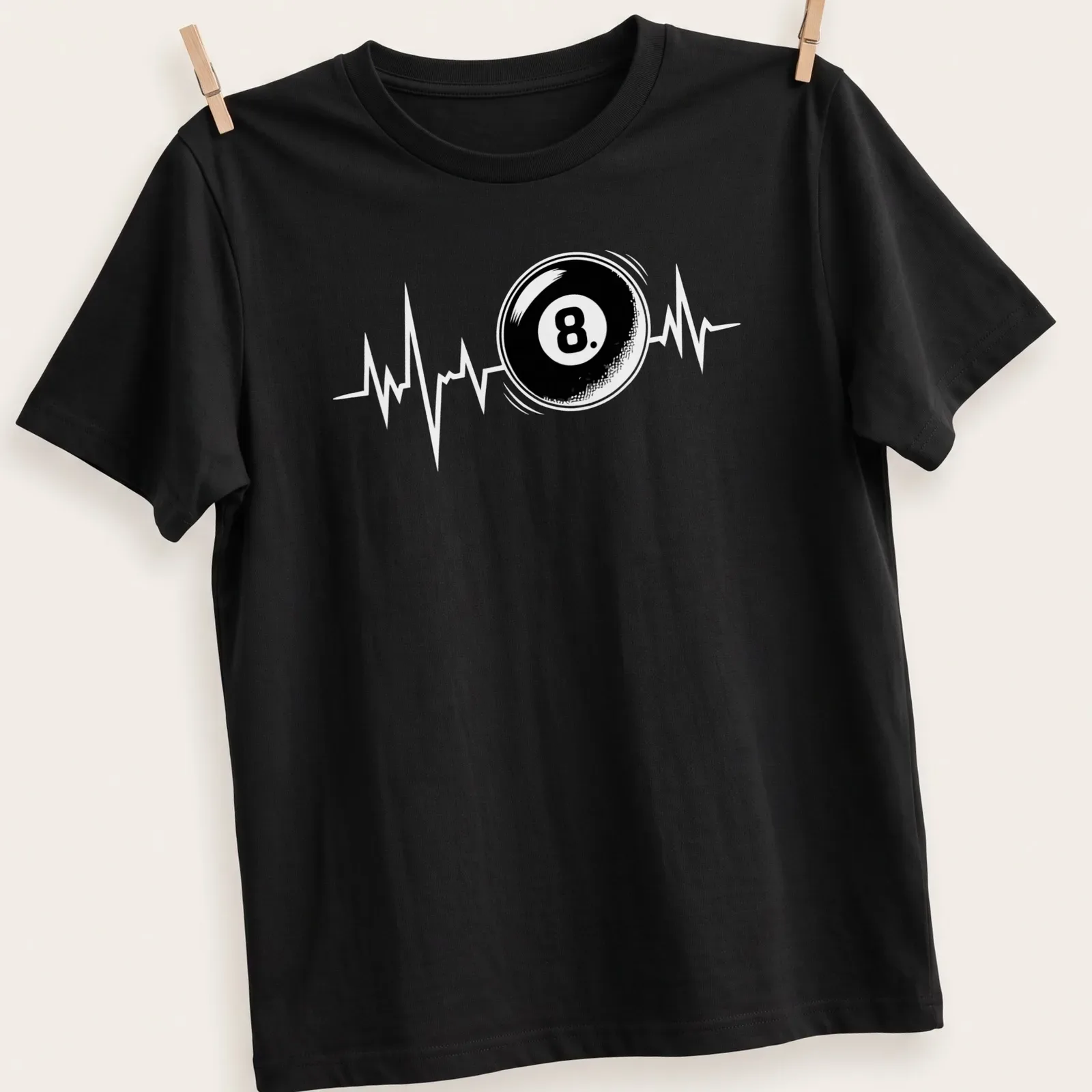 Simple graphic of an 8 ball on a black and white — printed on a unisex t-shirt