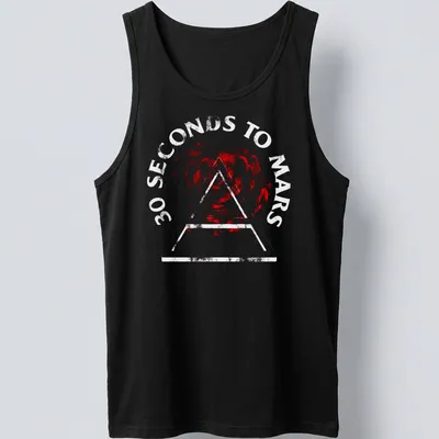 Graphic illustration of a red rose in a triangle with band name below — printed on a tank top