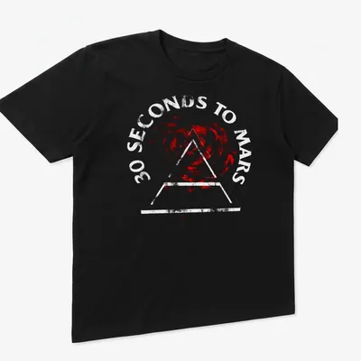 Graphic illustration of a red rose in a triangle with band name below — printed on a unisex t-shirt (angled view)