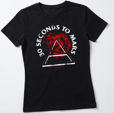 Graphic illustration of a red rose in a triangle with band name below — printed on a women's shirt