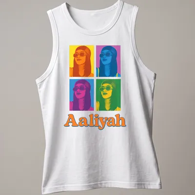 Retro pop art t-shirt featuring the name Aaliyah in bright colors — printed on a tank top