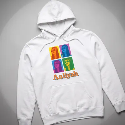 Retro pop art t-shirt featuring the name Aaliyah in bright colors — printed on a unisex hoodie
