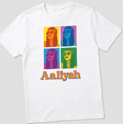 Retro pop art t-shirt featuring the name Aaliyah in bright colors