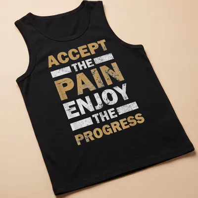 Gold, white, and black motivational fitness t-shirt with bold distressed text — printed on a tank top