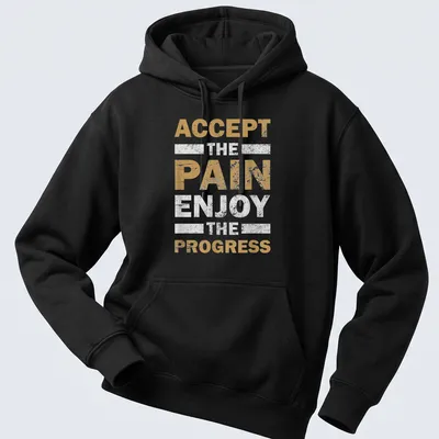 Gold, white, and black motivational fitness t-shirt with bold distressed text — printed on a unisex hoodie