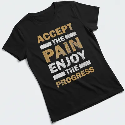 Gold, white, and black motivational fitness t-shirt with bold distressed text — printed on a women's shirt