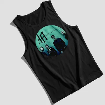 Moody photographic t-shirt featuring AFI band in teal, black, and white — printed on a tank top