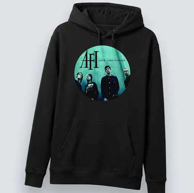 Moody photographic t-shirt featuring AFI band in teal, black, and white — printed on a unisex hoodie