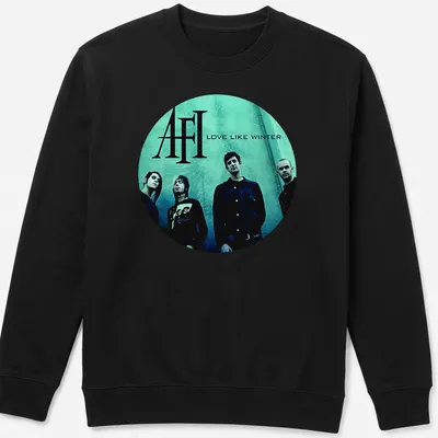 Moody photographic t-shirt featuring AFI band in teal, black, and white — printed on a unisex sweatshirt