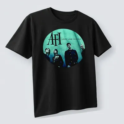 Moody photographic t-shirt featuring AFI band in teal, black, and white — printed on a unisex t-shirt (angled view)