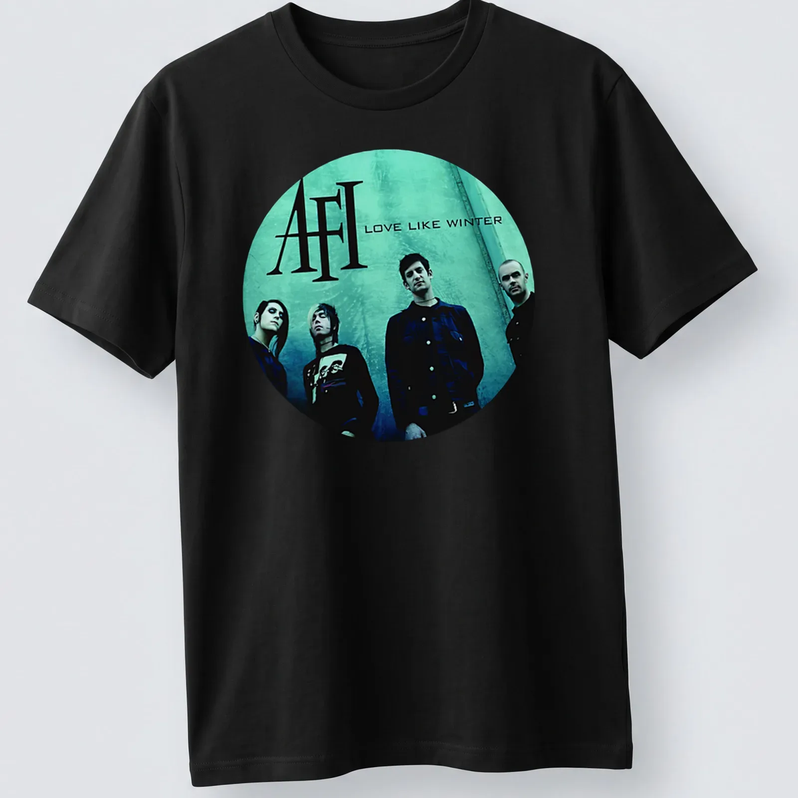 Moody photographic t-shirt featuring AFI band in teal, black, and white — printed on a unisex t-shirt