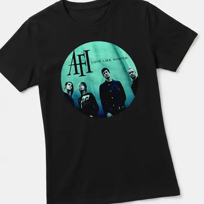 Moody photographic t-shirt featuring AFI band in teal, black, and white — printed on a women's shirt