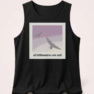 Minimalist design featuring birds around the text 'all billionaires are evil' in gray, purple, and cream. — printed on a tank top