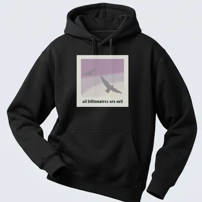Minimalist design featuring birds around the text 'all billionaires are evil' in gray, purple, and cream. — printed on a unisex hoodie