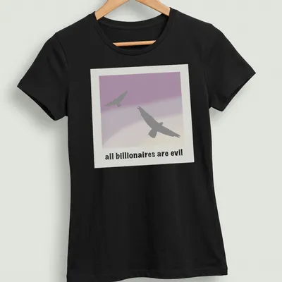 Minimalist design featuring birds around the text 'all billionaires are evil' in gray, purple, and cream. — printed on a women's shirt