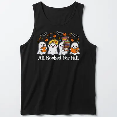 Kawaii cartoon style shirt with ghosts reading books and colorful text — printed on a tank top