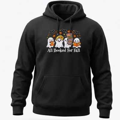 Kawaii cartoon style shirt with ghosts reading books and colorful text — printed on a unisex hoodie