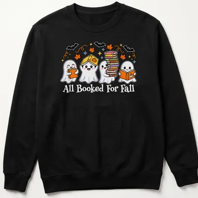 Kawaii cartoon style shirt with ghosts reading books and colorful text — printed on a unisex sweatshirt