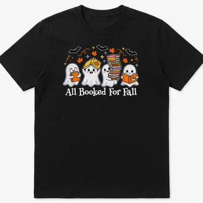 Kawaii cartoon style shirt with ghosts reading books and colorful text