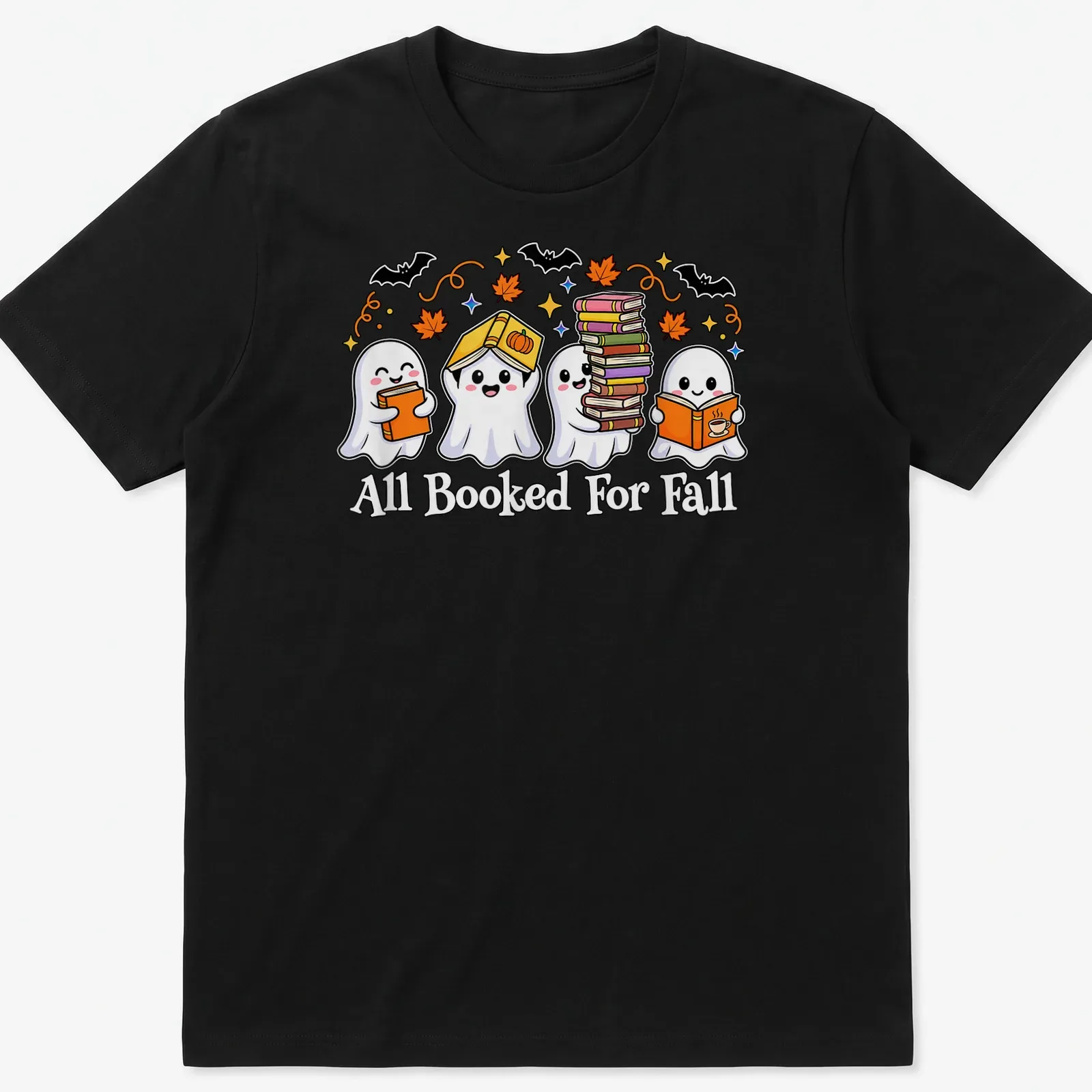 Kawaii cartoon style shirt with ghosts reading books and colorful text — printed on a unisex t-shirt