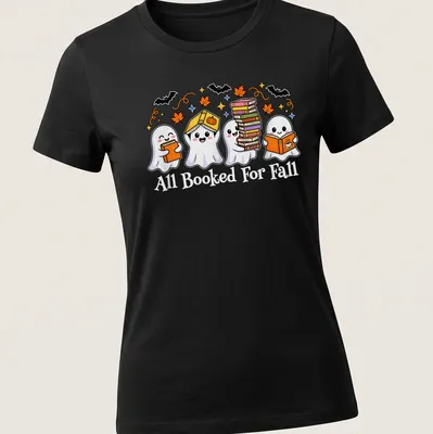 Kawaii cartoon style shirt with ghosts reading books and colorful text — printed on a women's shirt