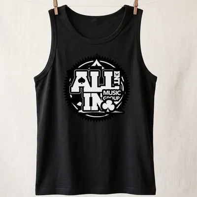 Bold logo t-shirt featuring playing cards and music theme in black and white — printed on a tank top