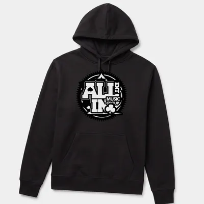 Bold logo t-shirt featuring playing cards and music theme in black and white — printed on a unisex hoodie
