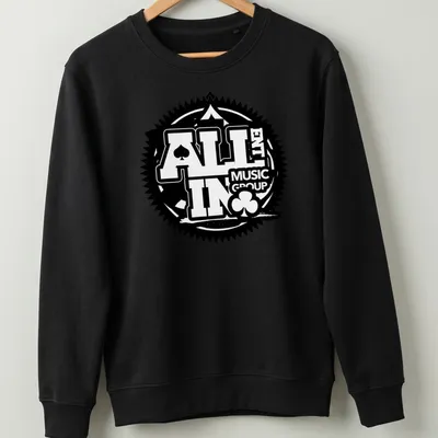 Bold logo t-shirt featuring playing cards and music theme in black and white — printed on a unisex sweatshirt