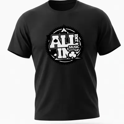 Bold logo t-shirt featuring playing cards and music theme in black and white