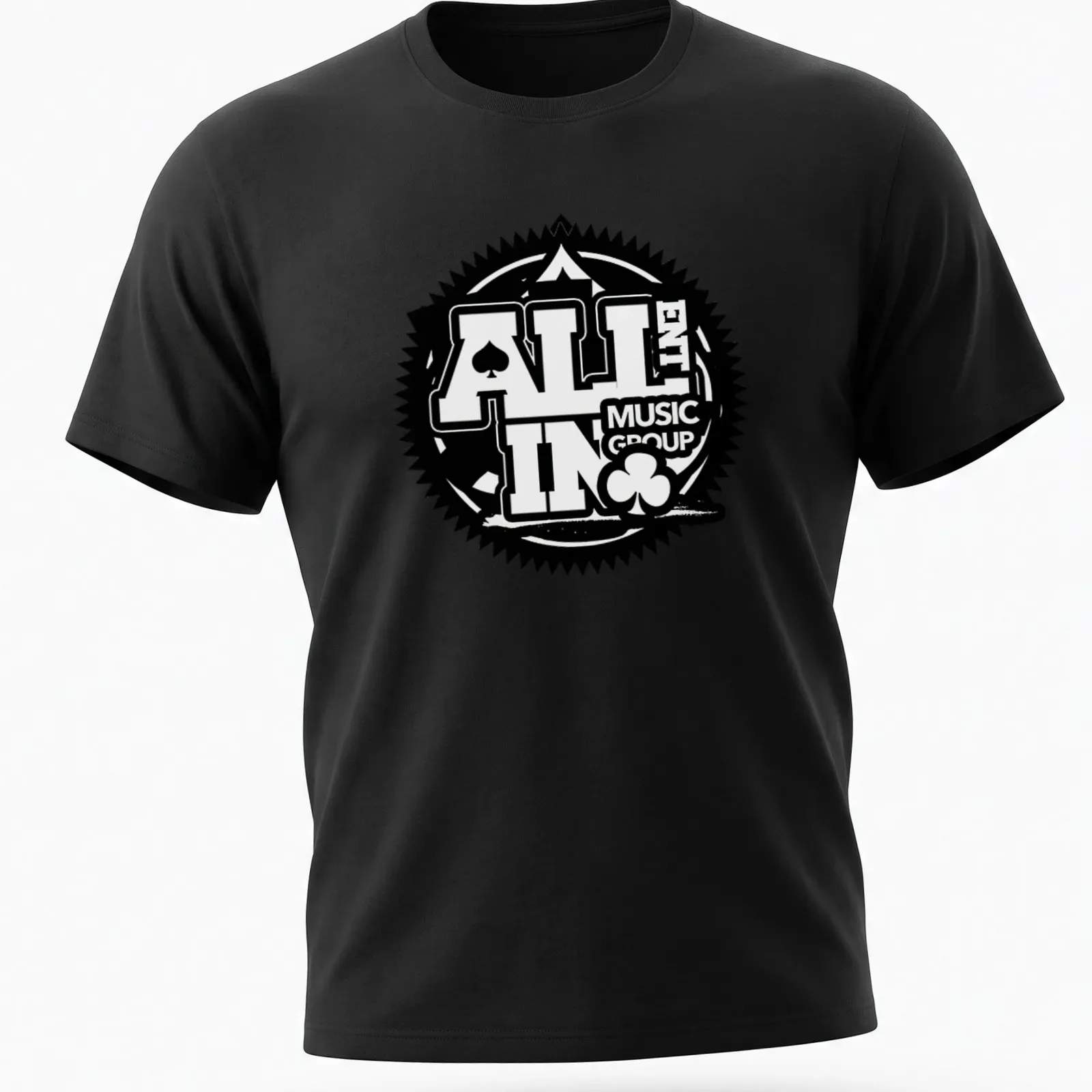 Bold logo t-shirt featuring playing cards and music theme in black and white — printed on a unisex t-shirt