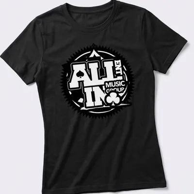 Bold logo t-shirt featuring playing cards and music theme in black and white — printed on a women's shirt