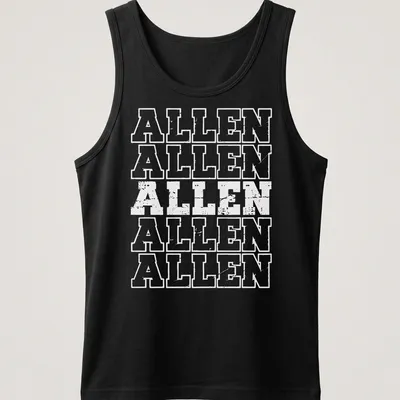 Bold collegiate text reading 'ALLEN ALLEN ALLEN ALLEN ALLEN ALLEN' in white. — printed on a tank top