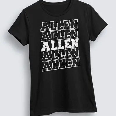 Bold collegiate text reading 'ALLEN ALLEN ALLEN ALLEN ALLEN ALLEN' in white. — printed on a women's shirt