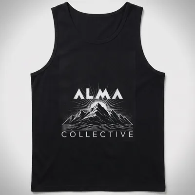 Retro halftone design of mountains and sunrise with 'ALMA COLLECTIVE' text — printed on a tank top