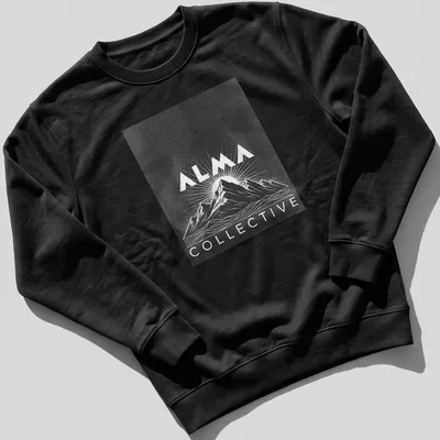 Retro halftone design of mountains and sunrise with 'ALMA COLLECTIVE' text — printed on a unisex sweatshirt